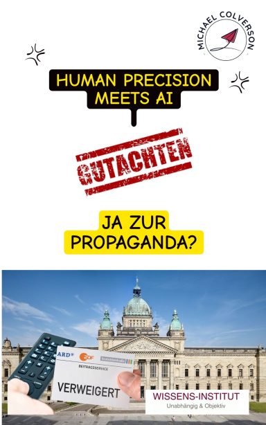 Text auf einem Hintergrund mit einem Gebäude: "Human Precision meets AI", "Ja zur Propaganda?"